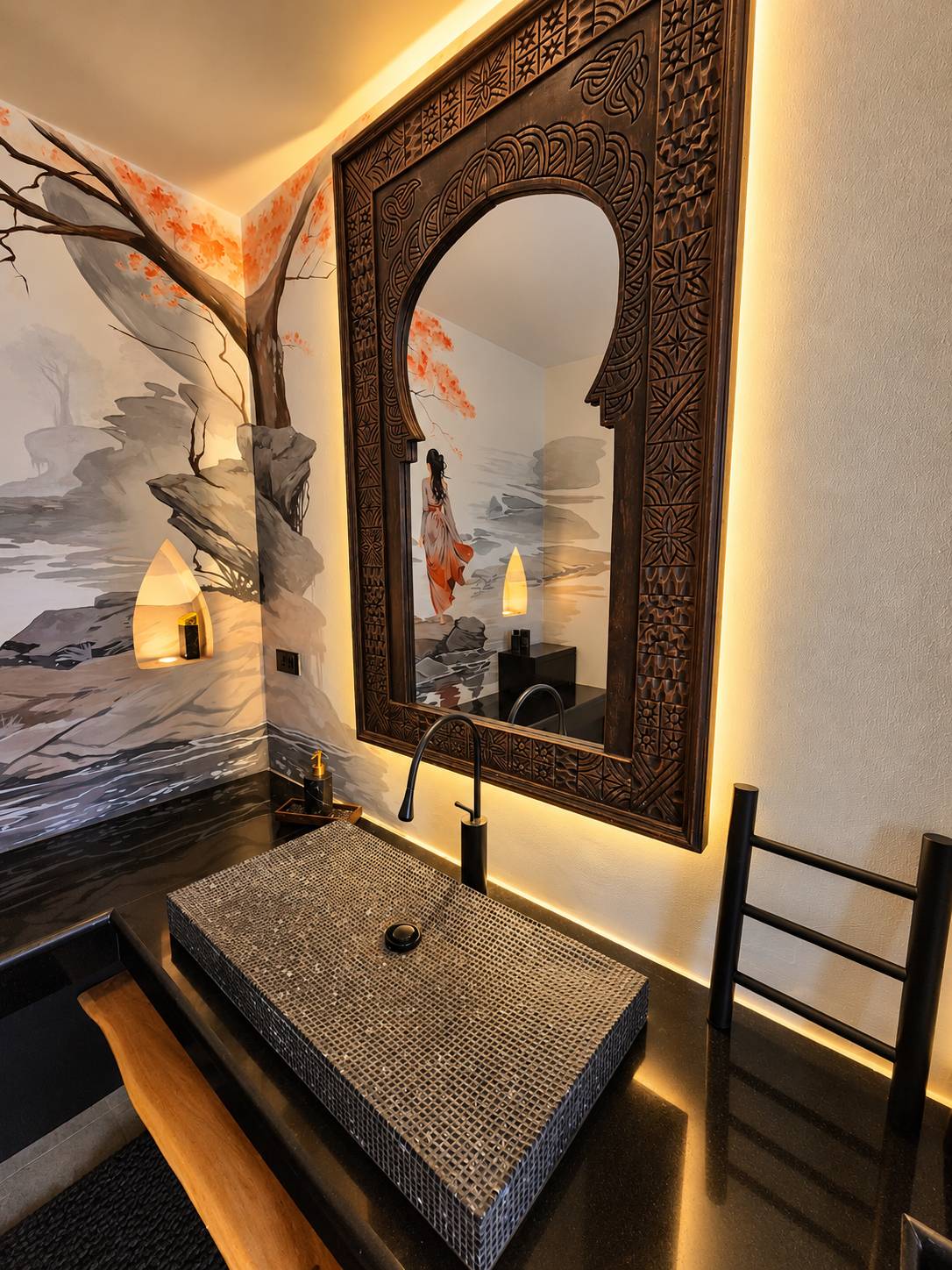 Carved bathroom mirror